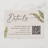 Soft Warm Taupe Fern Wedding Details. Botanical QR Informatiekaartje (Voorkant)