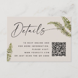 Soft Warm Taupe Fern Wedding Details. Botanical QR Informatiekaartje