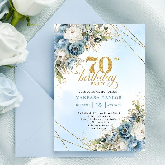 Soft watercolor blue florals gold 70th birthday kaart