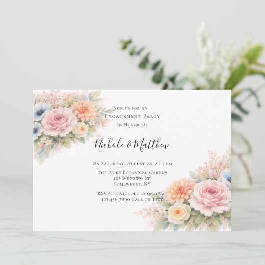 Soft Watercolor Floral Engagement Party Kaart (Staand voorkant)