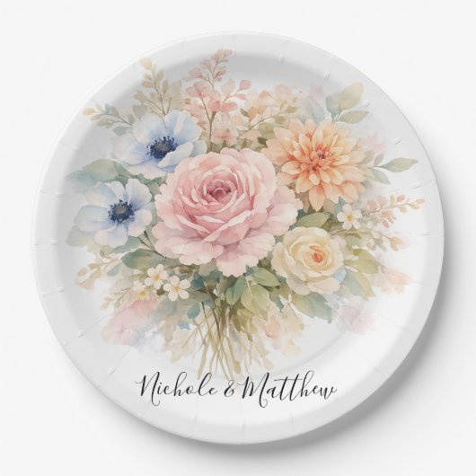 Soft Watercolor Floral Wedding Papieren Bordje (Voorkant)