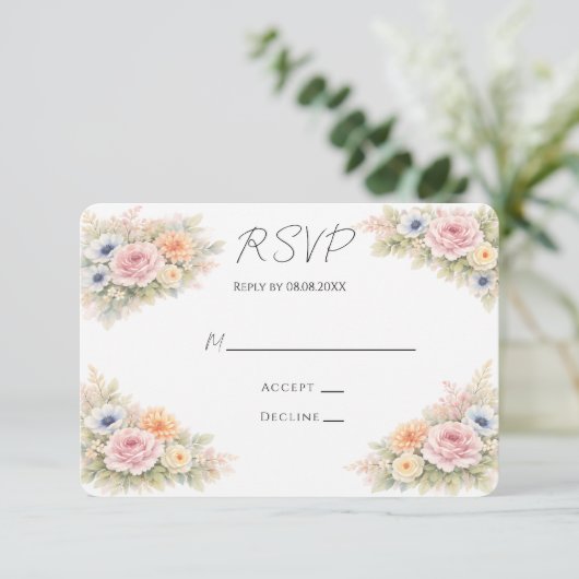 Soft Watercolor Floral Wedding RSVP Kaartje (Staand voorkant)