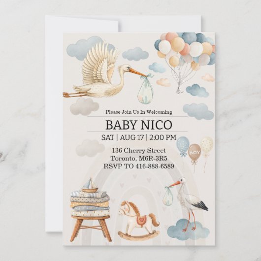 Soft Watercolor Stork Baby Shower Invitation Kaart (Voorkant)