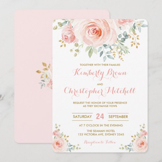 Soft Waterverf Blush Pink Floral Wedding Party Kaart (Voorkant / Achterkant)