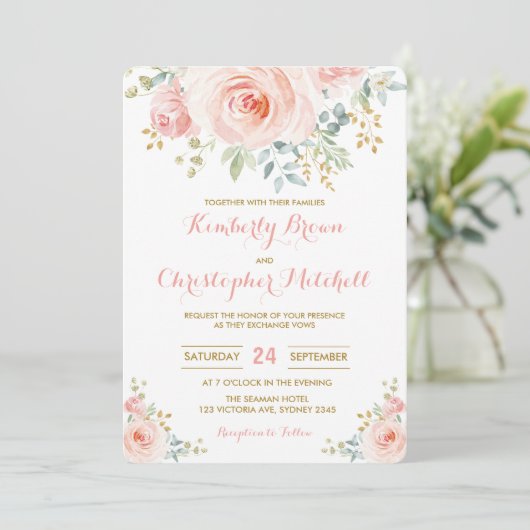 Soft Waterverf Blush Pink Floral Wedding Party Kaart (Staand voorkant)