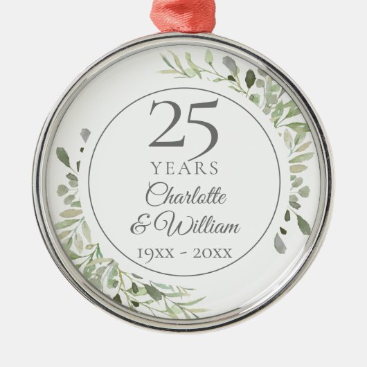 Soft Waterverf Greenery 25th Jubileum Metalen Ornament (Voorkant)