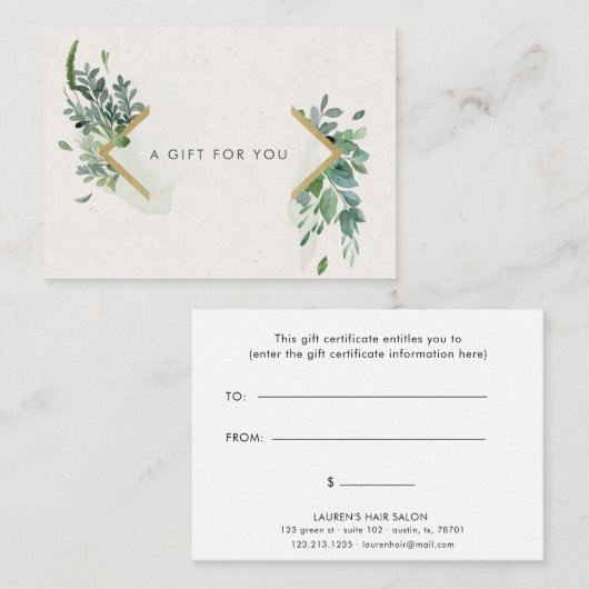 soft waterverf greenery gold gift certificate visitekaartje (Voorkant / Achterkant)