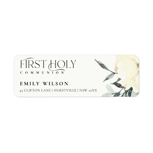 SOFT WHITE FLORAL FIRST HOLY COMMUNION ADRES ETIKET (Voorkant)