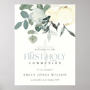 SOFT WHITE FLORAL FIRST HOLY COMMUNION WELKOM POSTER