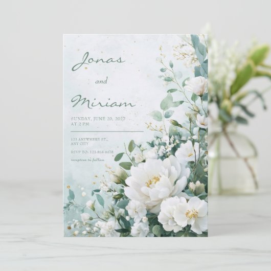 Soft White Peony Bloemen bruiloft uitnodiging (Staand voorkant)