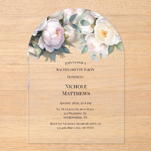 Soft White Peony with Eucalyptus Bachelorette Acryl Uitnodigingen (Voorkant)
