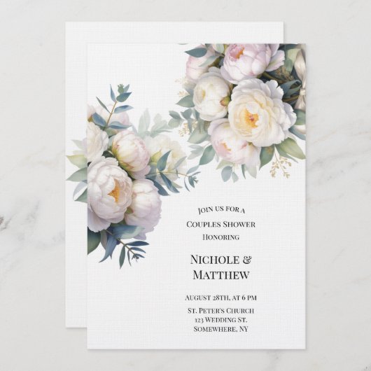 Soft White Peony with Eucalyptus Couples Shower Kaart (Voorkant / Achterkant)