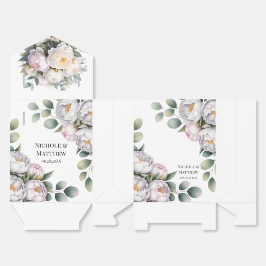 Soft White Peony with Eucalyptus Leaves Wedding Bedankdoosjes (Ongevouwen)