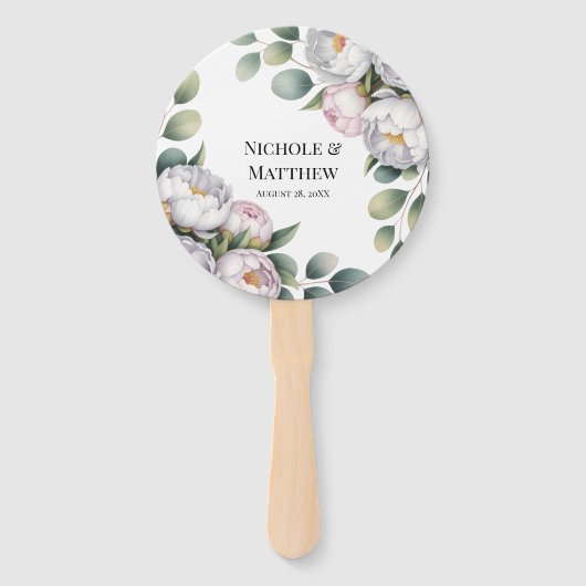 Soft White Peony with Eucalyptus Leaves Wedding Handwaaier (Voorkant)