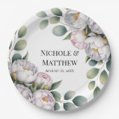 Soft White Peony with Eucalyptus Leaves Wedding Papieren Bordje (Voorkant)