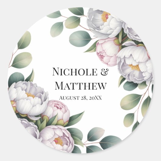 Soft White Peony with Eucalyptus Leaves Wedding Ronde Sticker (Voorkant)