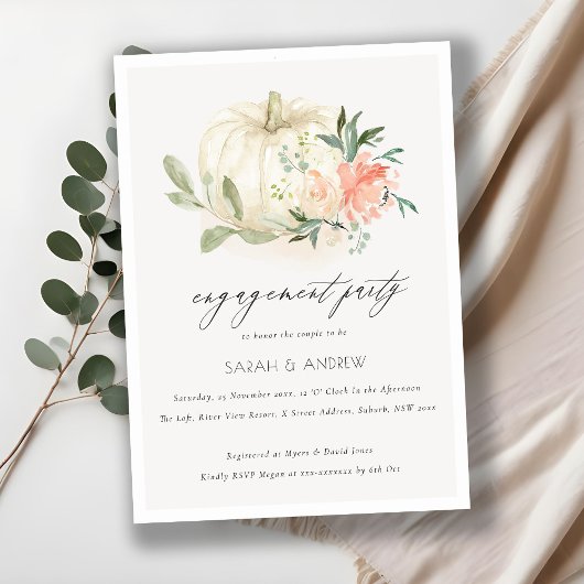 Soft White Pumpkin Blush Floral Verloving Invite Bedankkaart