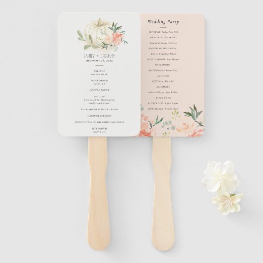 Soft White Pumpkin Blush Floral Wedding Programme Handwaaier (Voorkant en achterkant)