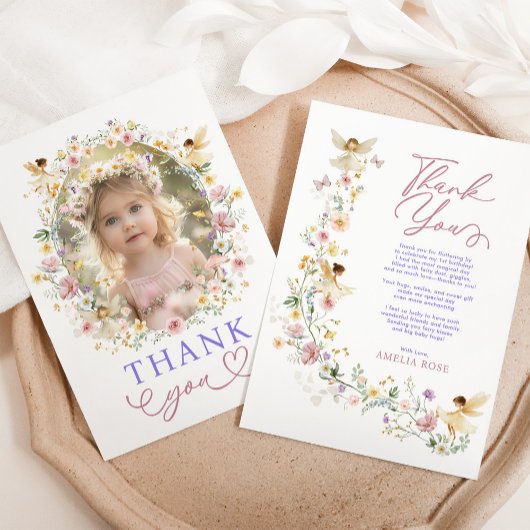 Soft Wildflower Fairy Garden Verjaardagsfeest Foto Bedankkaart