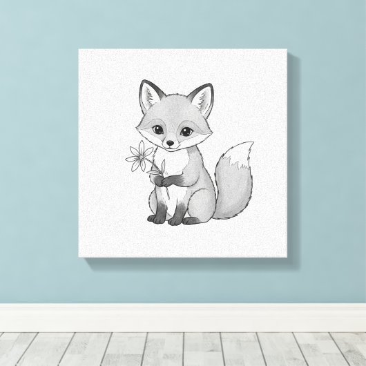 Soft Woodland Fox Holding a Flower Canvas Afdruk (Insitu (Houten vloer))