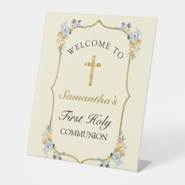 Soft Yellow Gold Cross 1st communitystempel Reclamebord Met Voetstuk