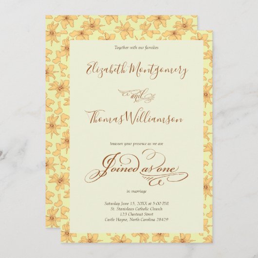 Soft Yellow Hand Drawn Floral Wedding Invitation Kaart (Voorkant / Achterkant)