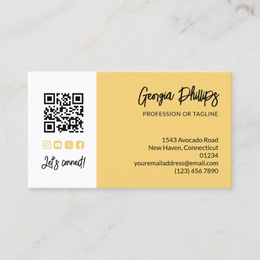 Soft Yellow QR Code Photo Socialmedia Brush Script Visitekaartje (Voorkant)