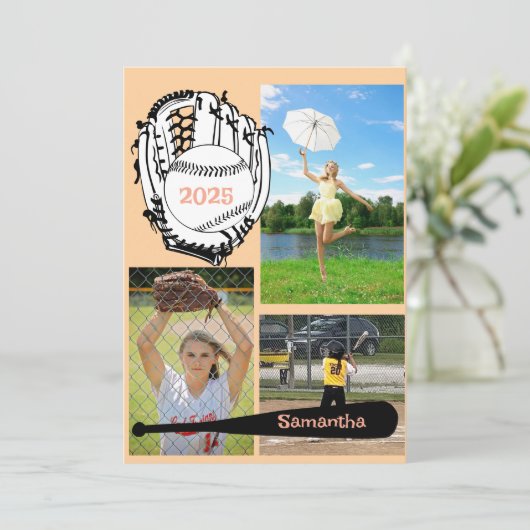 Softbal/Baseball 3 Foto Collage Peach Aankondiging (Staand voorkant)