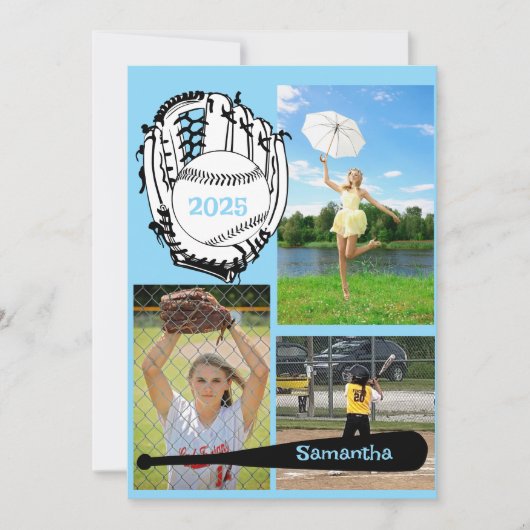 Softbal/ Baseball 3 Foto Lichtblauw Afstuderen Kaart (Voorkant)
