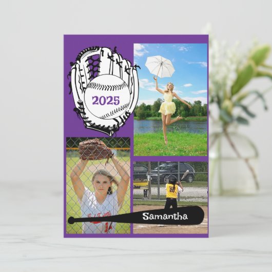 Softbal/ Baseball 3 Foto Paarse Afstuderen Kaart (Staand voorkant)
