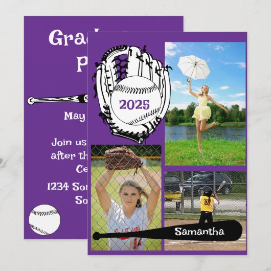 Softbal/ Baseball 3 Foto Paarse Afstuderen Kaart (Voorkant / Achterkant)