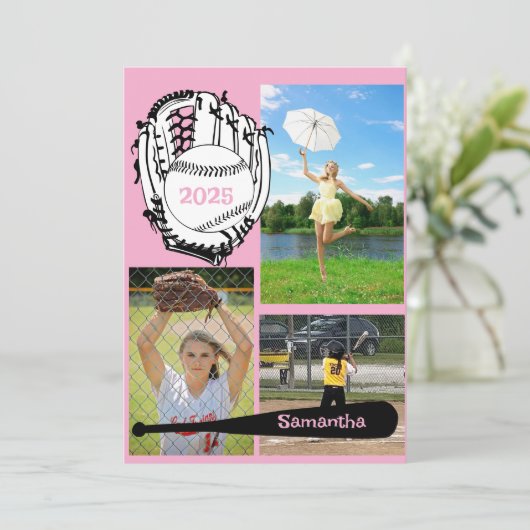 Softbal/ Baseball 3 Foto Roze Afstuderen Kaart (Staand voorkant)