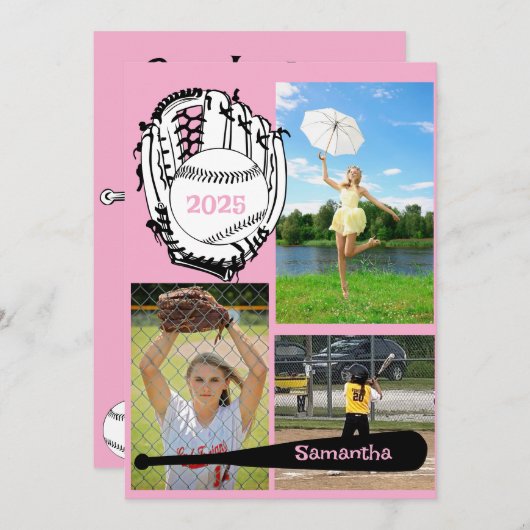 Softbal/ Baseball 3 Foto Roze Afstuderen Kaart (Voorkant / Achterkant)