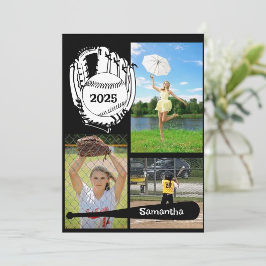 Softbal/ Baseball 3 Foto Zwart Afstuderen Kaart (Staand voorkant)