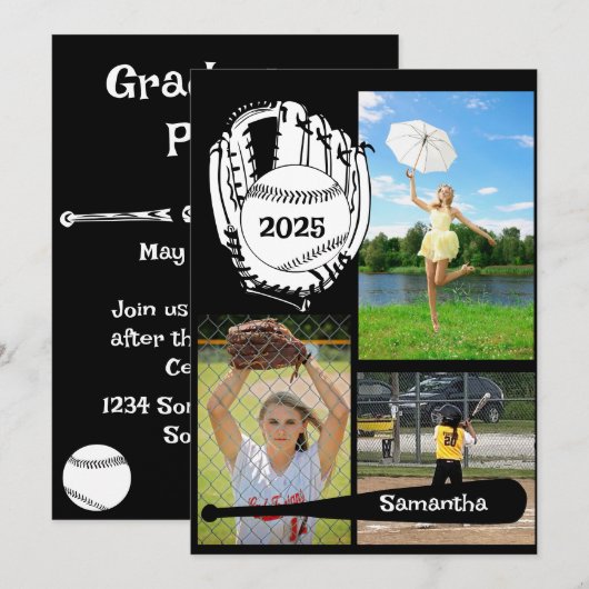 Softbal/ Baseball 3 Foto Zwart Afstuderen Kaart (Voorkant / Achterkant)