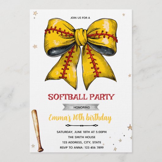 Softbal feestelijke uitnodiging met strik (Voorkant)