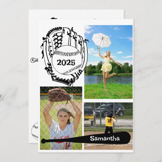 Softbal/Honkbal 3 Foto Collage Wit Aankondiging (Voorkant / Achterkant)