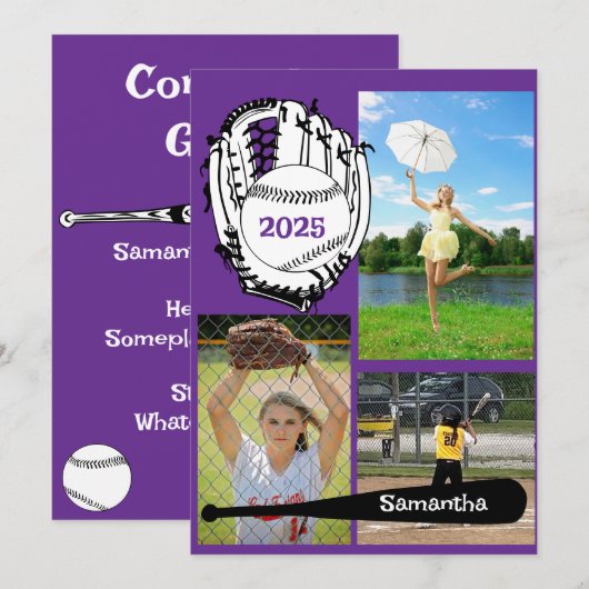 Softbal/Honkbal 3 Fotocollage Paarse Aankondiging (Voorkant / Achterkant)