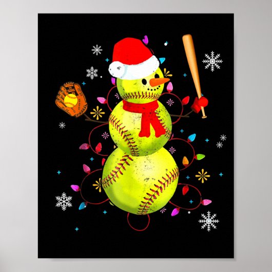 Softbal Kerst Grappige Softbal Sneeuwman Kerstmis Poster (Voorkant)
