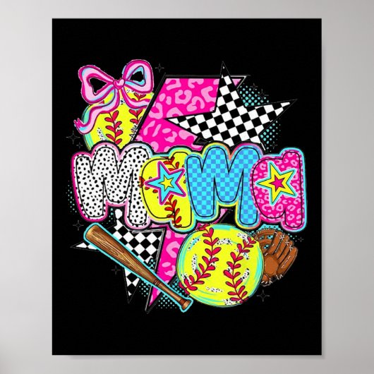 Softbal Mama Speldag Luipaard Geruit Moeder Retro Poster (Voorkant)