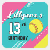 Softbal Roze Blauwgroen Geel Verjaardag Party Enve Vierkante Sticker (Voorkant)