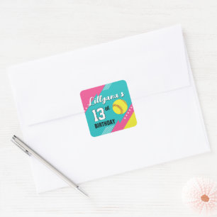 Softbal Roze Turquoise Gele Verjaardagsfeest Envel Vierkante Sticker