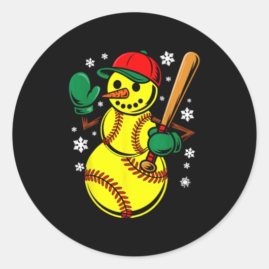 Softbal Santa Hat Snowman Xmas Grappig Softbal Chr Ronde Sticker (Voorkant)