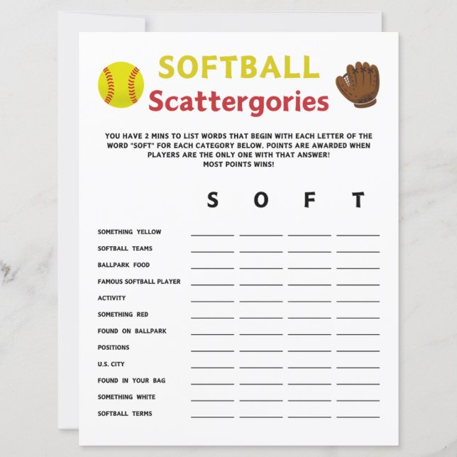 Softbal Scattergories spel (Voorkant)