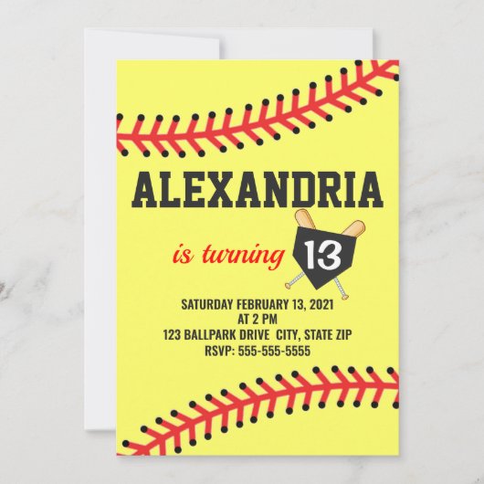 Softbal verjaardagsfeest uitnodigingen (Voorkant)