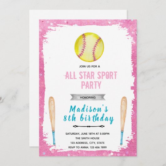 Softbal verjaardagsuitnodigingen kaart (Voorkant / Achterkant)