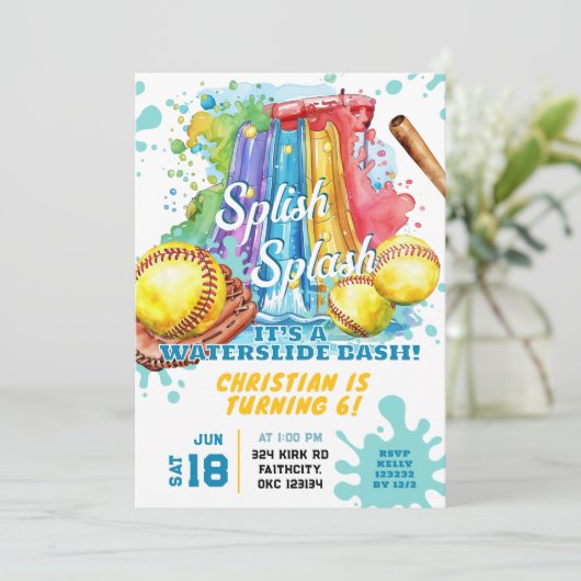 Softbal Waterslide Pool Party Verjaardag Uitnodigi Kaart (Staand voorkant)