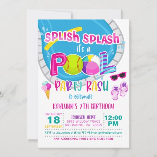 Softbal zwembadfeest verjaardagsuitnodiging - Meis Kaart (Voorkant)