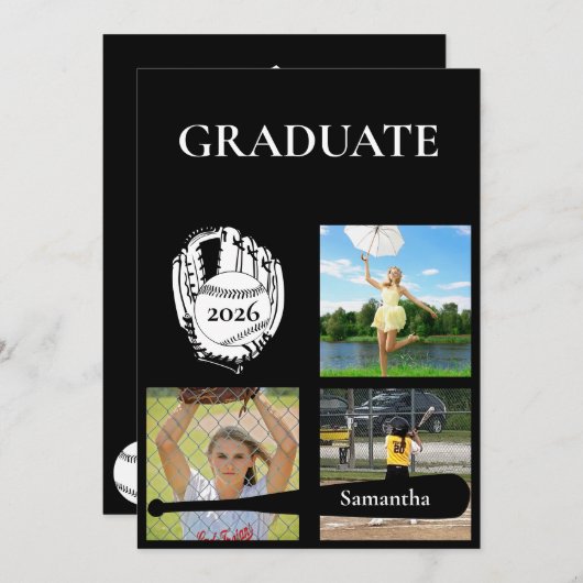 Softball 3 Foto Zwart Afstuderen Kaart (Voorkant / Achterkant)
