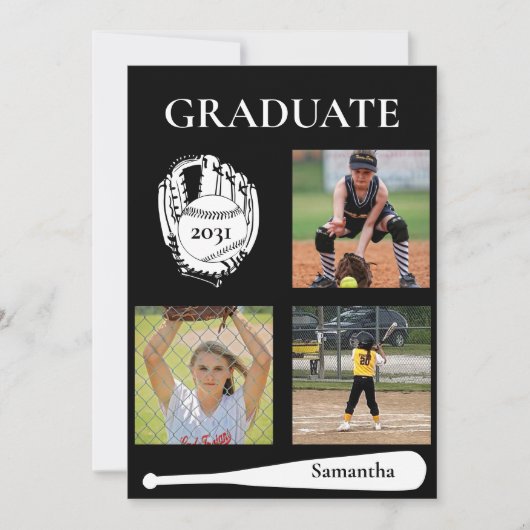 Softball 3 Photo Black Graduation Flat Card (Voorkant)